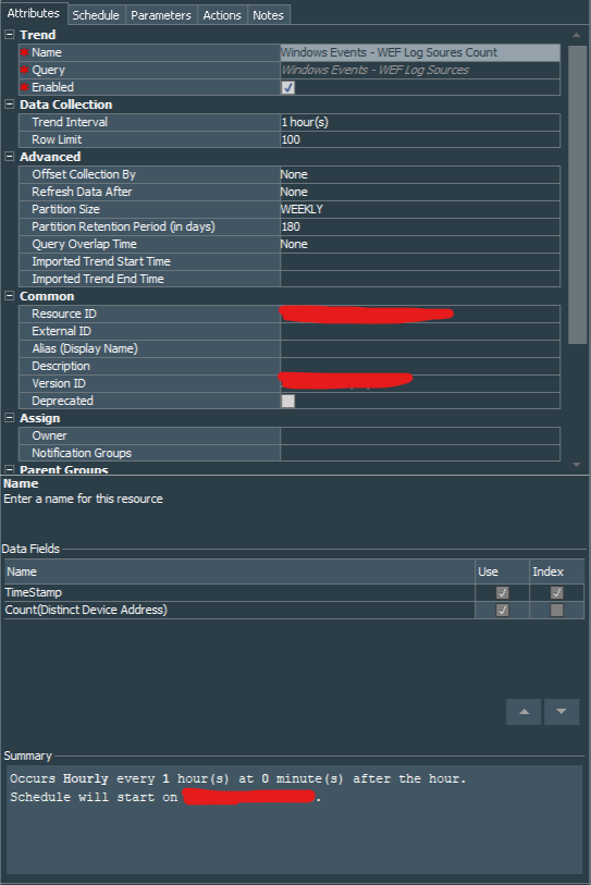 WEF Log Sources Count Trend Attributes